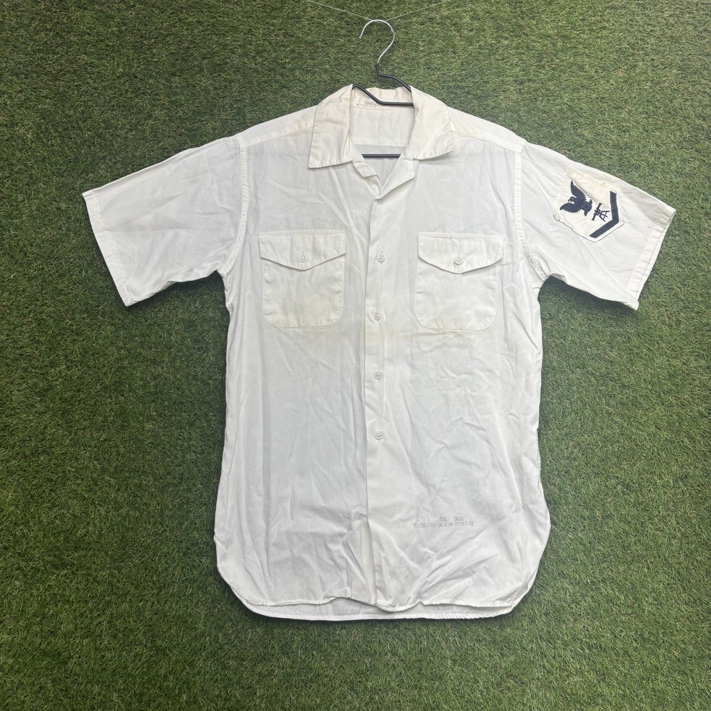 Vintage 60s USN Navy Uniform Short Sleeve Button Up Shirt Mens Medium White